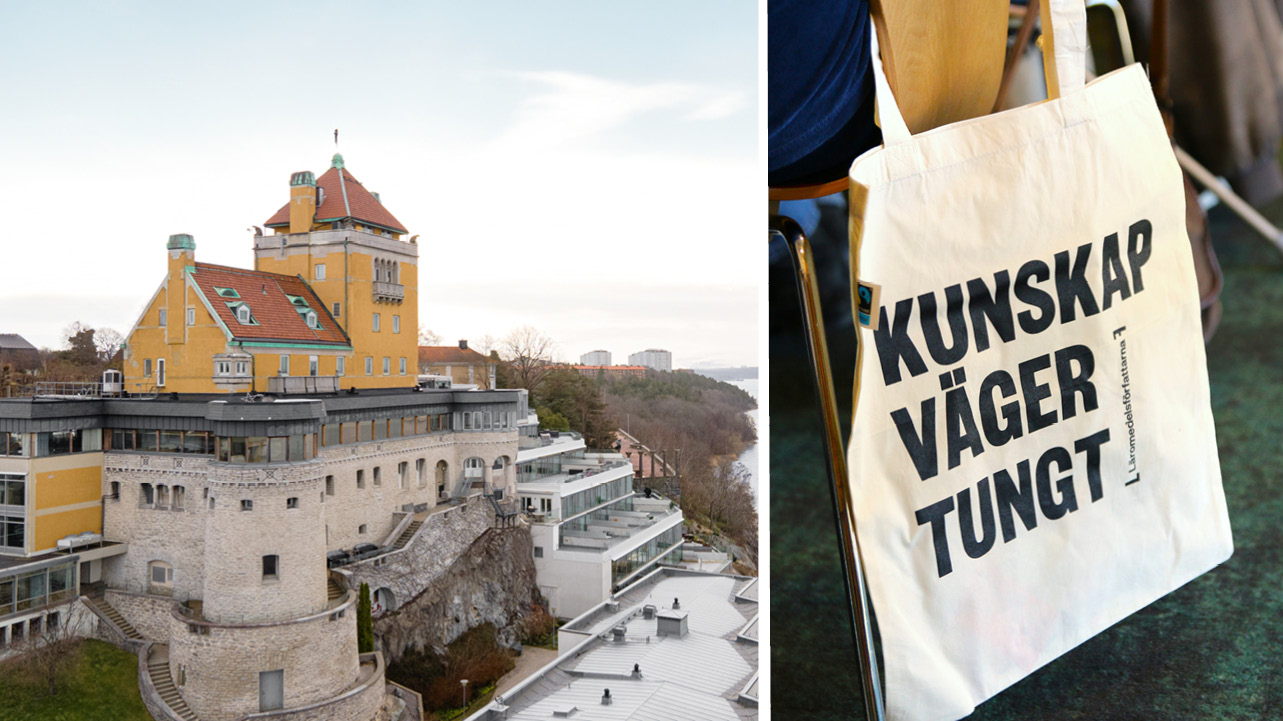 Bildkollage: Vy över Villa Foresta på Lidingö samt bild på Läromedelsförfattarnas tygkasse med trycket Kunskap väger tungt.