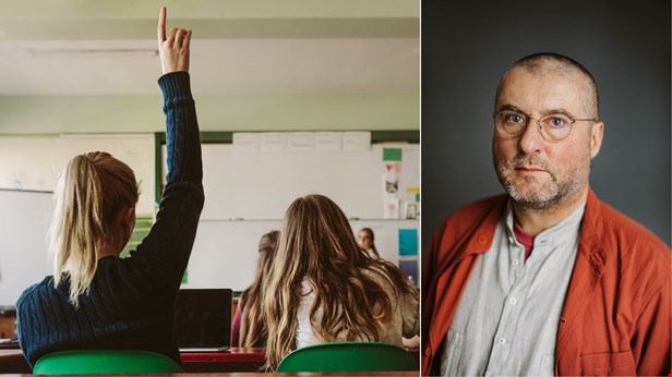 En elev sitter i ett klassrum och räcker upp handen. Per Kornhall tittar in i kameran. Bilden är ett kollage.