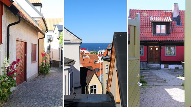 Ett kollage av tre bilder. Längst till vänster syns en gata som kantas av stockrosor. I mitten ser vi hustak och havet, och till höger är ett rött hus.