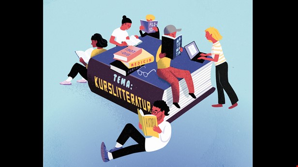 Bilden är en illustration med en stor bok. Runt boken står och sitter personer. På bokens rygg står det Tema Kurslitteratur. Illustration: Jens Magnusson