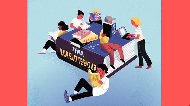 Bilden är en illustration med en stor bok. Runt boken står och sitter personer. På bokens rygg står det Tema Kurslitteratur. Illustration: Jens Magnusson