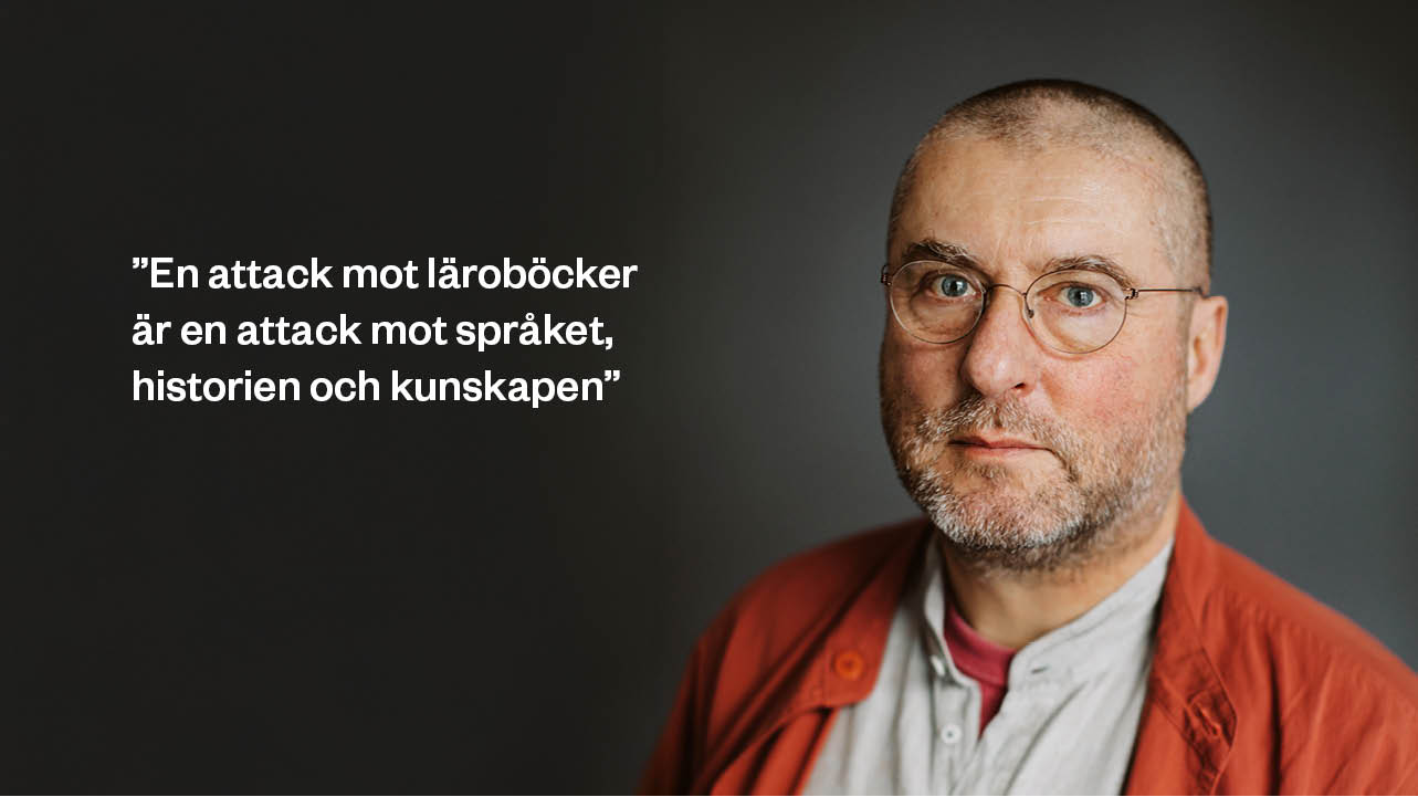 Per Kornhall foto Kajsa Göransson. Med citatet "En attack mot läroböcker är en attack mot det ukrainska språket, historien och kunskapen"