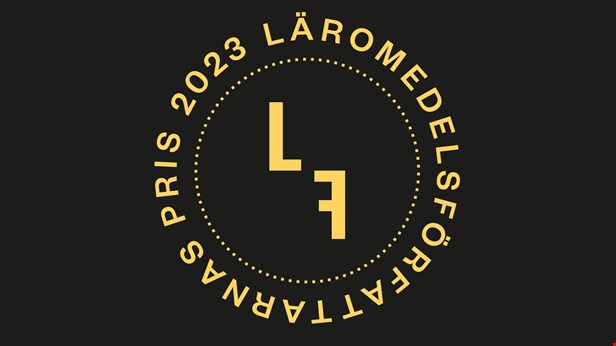 Läromedelsförfattarnas pris_gul logotyp mot svart bakgrund